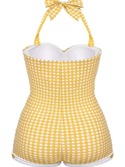Sale Retro Stage [Plus Size] Yellow 1950s Check Halter Bowknot One-piece Swimsuit