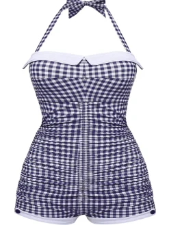 Sale Retro Stage [Plus Size] Yellow 1950s Check Halter Bowknot One-piece Swimsuit