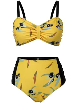 Best Retro Stage [Plus Size] 1930s Contrast Floral Strap Swimsuit Yellow