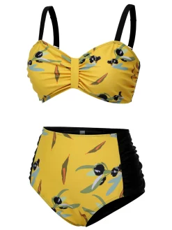 Best Retro Stage [Plus Size] 1930s Contrast Floral Strap Swimsuit Yellow