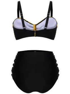 Best Retro Stage [Plus Size] 1930s Contrast Floral Strap Swimsuit Yellow
