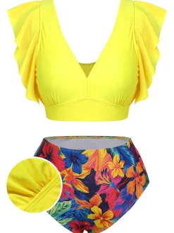 Clearance Retro Stage [Plus Size] 1940s Ruffles Floral Swimsuit Yellow