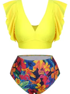 Clearance Retro Stage [Plus Size] 1940s Ruffles Floral Swimsuit Yellow