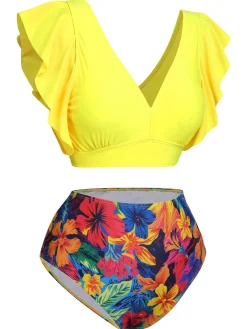 Clearance Retro Stage [Plus Size] 1940s Ruffles Floral Swimsuit Yellow