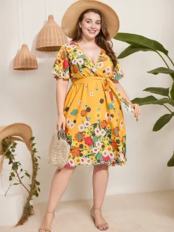 Sale Retro Stage [Plus Size] 1950s V-Neck Belted Floral Dress Yellow