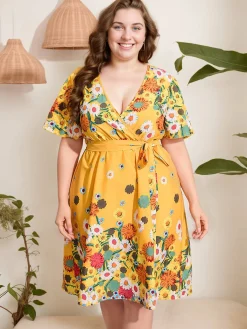 Sale Retro Stage [Plus Size] 1950s V-Neck Belted Floral Dress Yellow