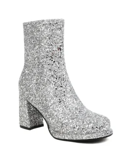 Fashion Retro Stage Point Toe Sequined Chunky Heel Ankle Boots