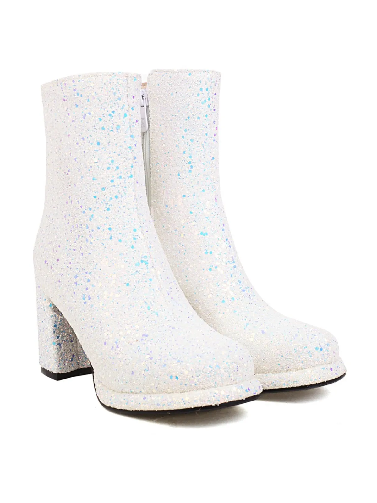 Fashion Retro Stage Point Toe Sequined Chunky Heel Ankle Boots