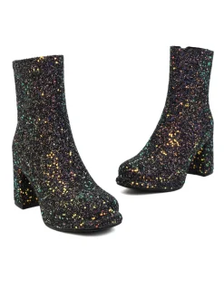 Fashion Retro Stage Point Toe Sequined Chunky Heel Ankle Boots