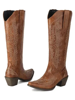 Outlet Retro Stage Pointed Embroidered Cowboy Knee-High Boots