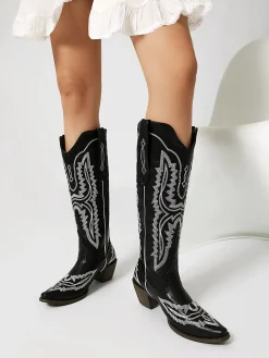 Outlet Retro Stage Pointed Embroidered Cowboy Knee-High Boots
