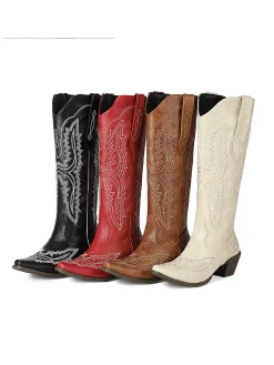 Outlet Retro Stage Pointed Embroidered Cowboy Knee-High Boots