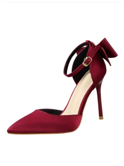 New Retro Stage Pointed Toe Bow Strap Satin High Heels Shoes