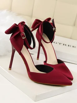 New Retro Stage Pointed Toe Bow Strap Satin High Heels Shoes