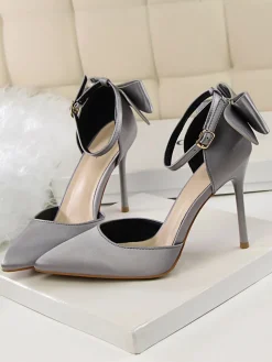 New Retro Stage Pointed Toe Bow Strap Satin High Heels Shoes