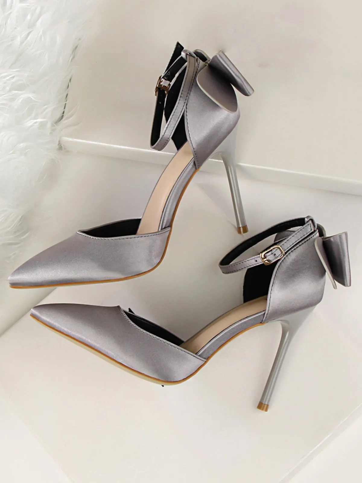 New Retro Stage Pointed Toe Bow Strap Satin High Heels Shoes