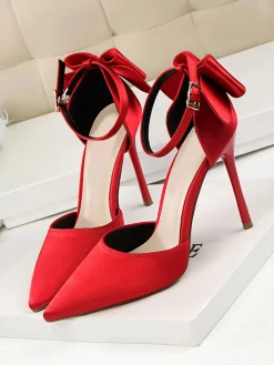 New Retro Stage Pointed Toe Bow Strap Satin High Heels Shoes