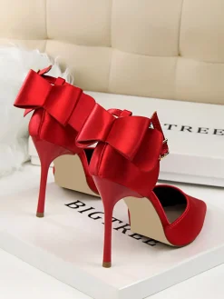 New Retro Stage Pointed Toe Bow Strap Satin High Heels Shoes