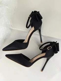 New Retro Stage Pointed Toe Bow Strap Satin High Heels Shoes