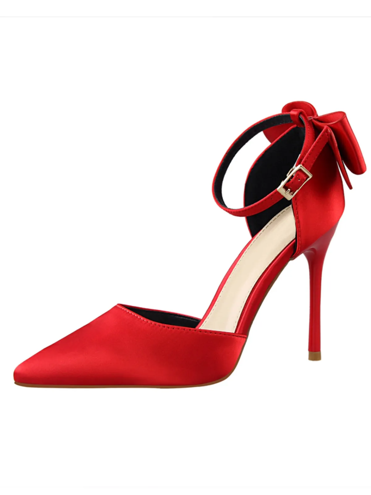 New Retro Stage Pointed Toe Bow Strap Satin High Heels Shoes