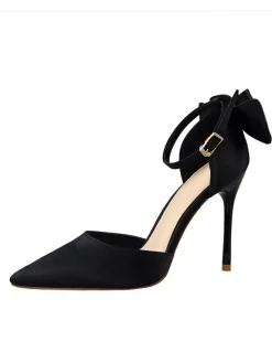 New Retro Stage Pointed Toe Bow Strap Satin High Heels Shoes