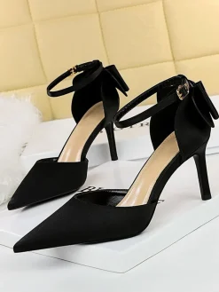 New Retro Stage Pointed Toe Bow Strap Satin High Heels Shoes