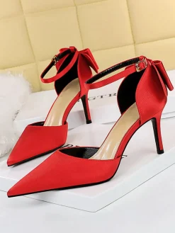 New Retro Stage Pointed Toe Bow Strap Satin High Heels Shoes