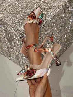 Discount Retro Stage Pointed Toe Rhinestones Bowknot Slingbacks Heels Multicolor