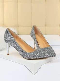 Outlet Retro Stage Pointed Toe Sequins Glitter High Heels Shoes