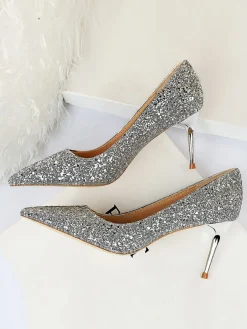 Outlet Retro Stage Pointed Toe Sequins Glitter High Heels Shoes