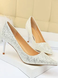 Outlet Retro Stage Pointed Toe Sequins Glitter High Heels Shoes