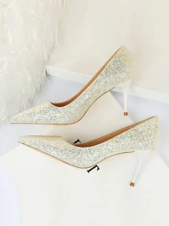 Outlet Retro Stage Pointed Toe Sequins Glitter High Heels Shoes