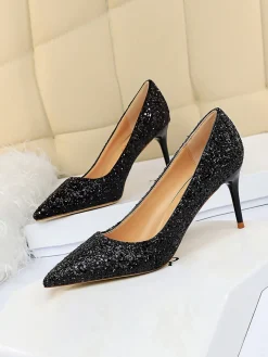 Outlet Retro Stage Pointed Toe Sequins Glitter High Heels Shoes