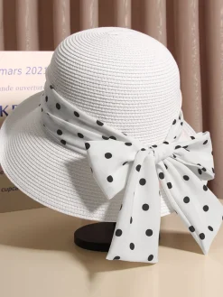 Sale Retro Stage Polka Dot Ribbon Bow Tie Straw Hat