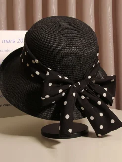 Sale Retro Stage Polka Dot Ribbon Bow Tie Straw Hat