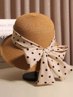 Sale Retro Stage Polka Dot Ribbon Bow Tie Straw Hat