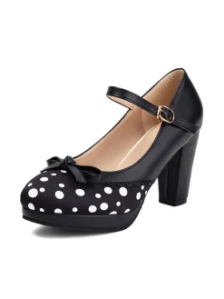 New Retro Stage Polka Dot Round Toe Chunky Heels