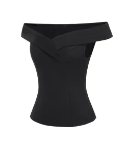 Online Retro Stage [Pre-Sale] 1950s Off-Shoulder Solid Top Black