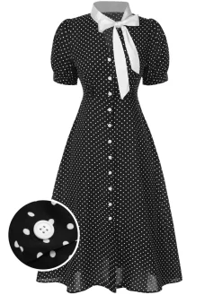 Best Retro Stage [Pre-Sale] 1940s Polka Dots Tie Neck Dress Black