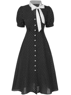 Best Retro Stage [Pre-Sale] 1940s Polka Dots Tie Neck Dress Black