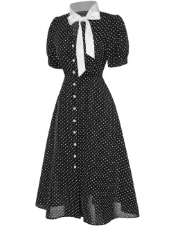 Best Retro Stage [Pre-Sale] 1940s Polka Dots Tie Neck Dress Black