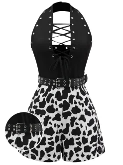 Sale Retro Stage [Pre-Sale] 1980s Punk Halter Hollow Cow Pattern Romper Black