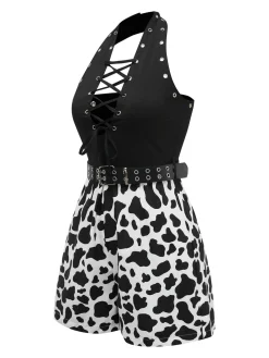 Sale Retro Stage [Pre-Sale] 1980s Punk Halter Hollow Cow Pattern Romper Black