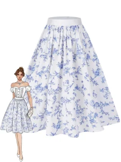Sale Retro Stage [Pre-Sale] 1950s & White Porcelain Floral Skirt Blue