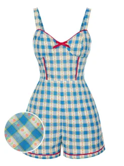 Discount Retro Stage [Pre-Sale] 1950s Bow Gingham Plaid Floral Romper Blue