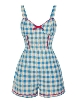 Discount Retro Stage [Pre-Sale] 1950s Bow Gingham Plaid Floral Romper Blue
