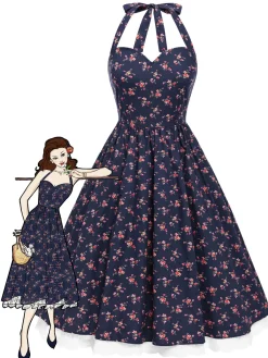 Sale Retro Stage [Pre-Sale] 1950s Halter Lace Pure Cotton Floral Dress Blue