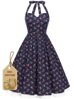 Sale Retro Stage [Pre-Sale] 1950s Halter Lace Pure Cotton Floral Dress Blue