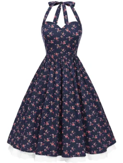 Sale Retro Stage [Pre-Sale] 1950s Halter Lace Pure Cotton Floral Dress Blue