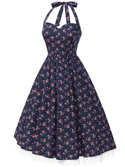 Sale Retro Stage [Pre-Sale] 1950s Halter Lace Pure Cotton Floral Dress Blue